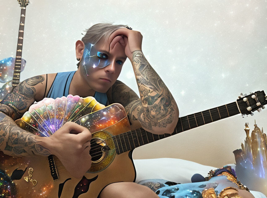 Tattooed person with blue face paint and guitar in cosmic setting