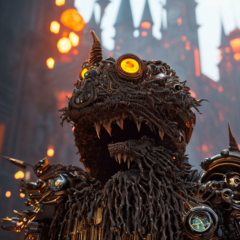 Sharp-toothed fantasy creature with glowing orange eye in industrial setting with fiery castle.