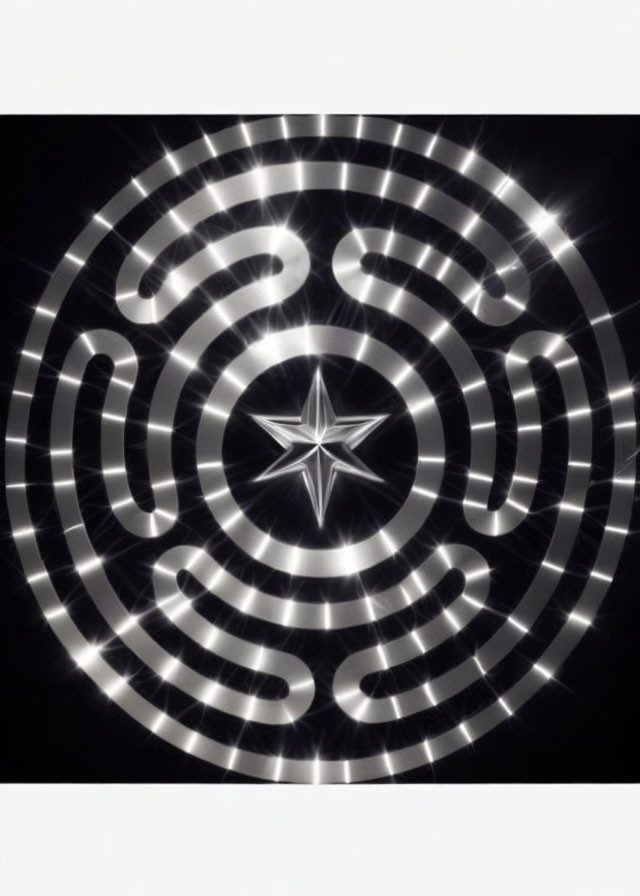 Monochrome digital art of glowing circular maze with central star