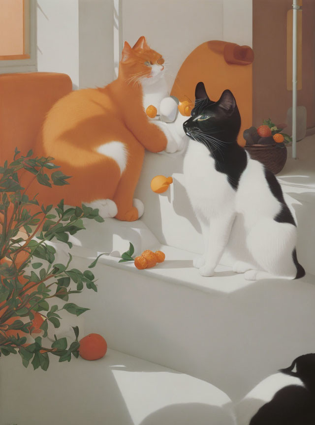 Two Cats Sitting on Sunlit Ledge with Mandarins and Potted Plant