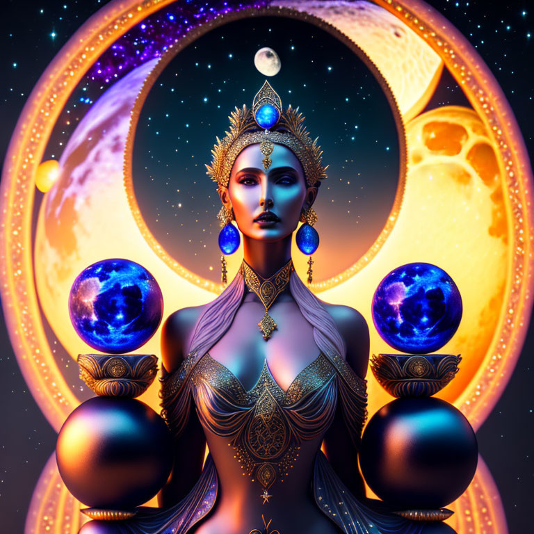 Mystical female figure with elaborate headdress and jewelry in celestial setting