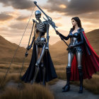Warrior woman in armor with skeleton warrior against rolling hills and dusky sky