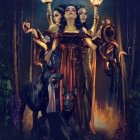 Dark angel woman with wolves under moonlit sky and lanterns