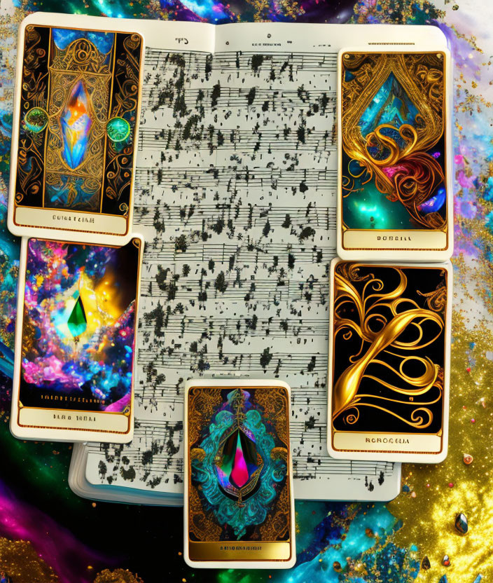 Ornate tarot cards on musical score with cosmic background