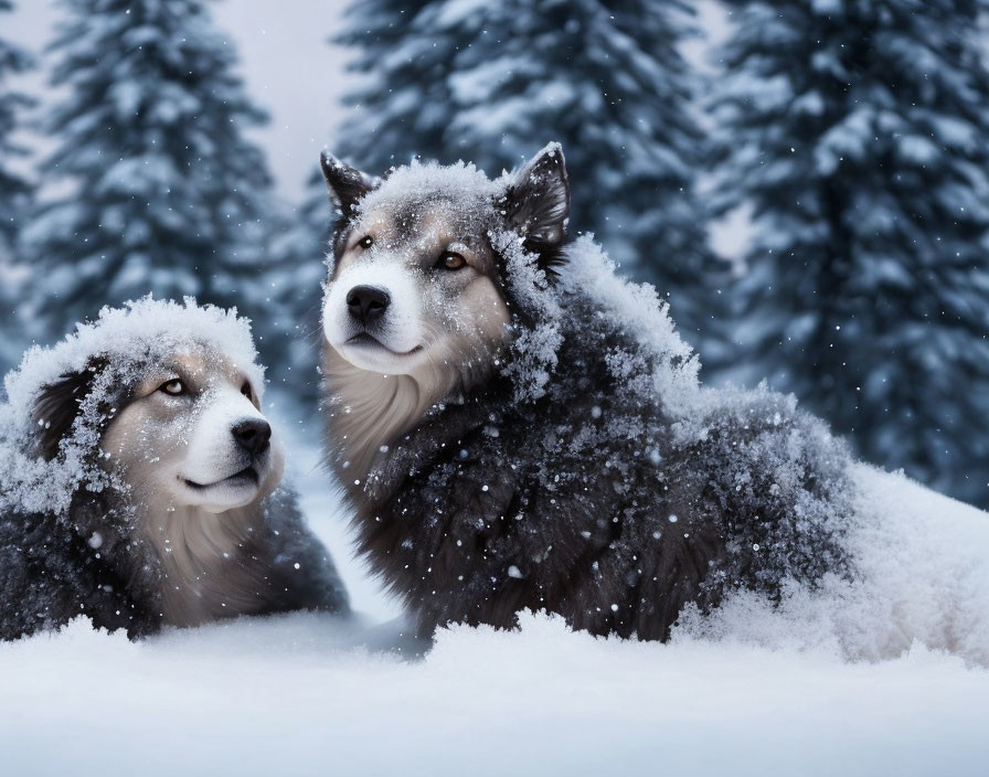 Alaskan Malamutes in snowy landscape with pine trees