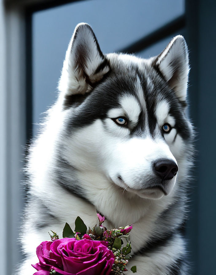 Siberian Husky with blue eyes and pink rose on collar