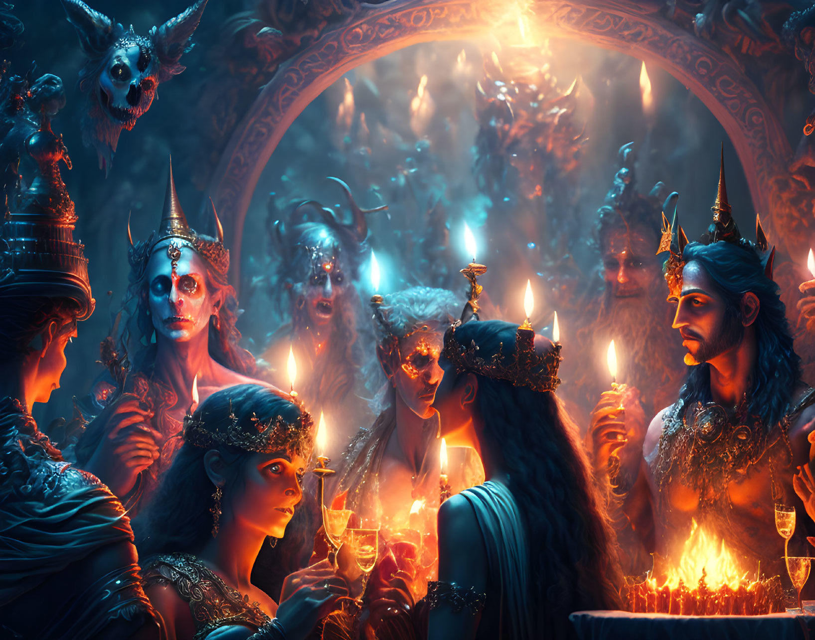 Mystical gathering with ornate attire, candles, blue and orange tones