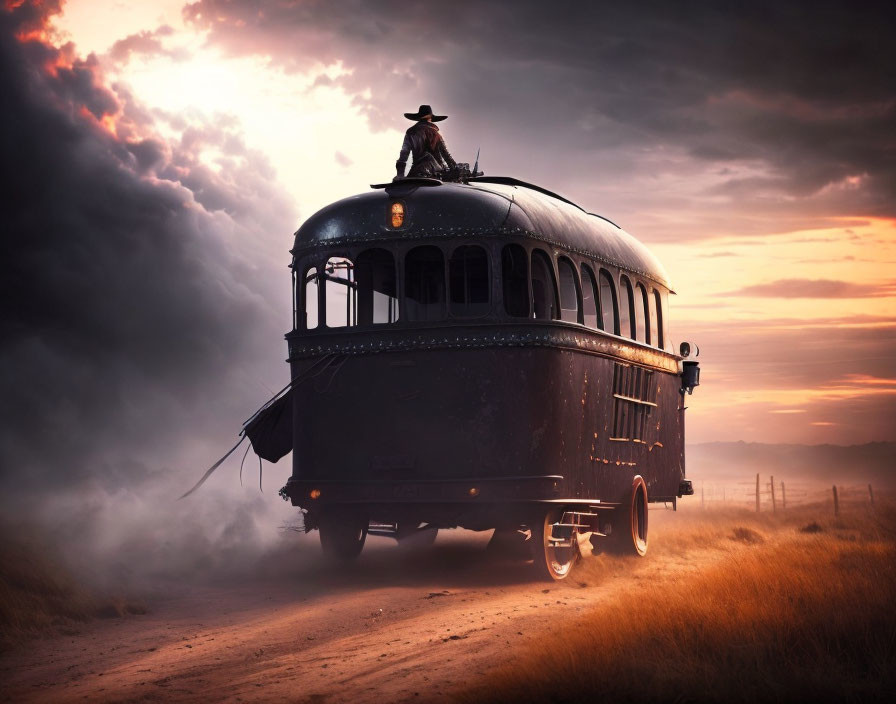 Cowboy hat person on vintage bus in dusty landscape at sunset