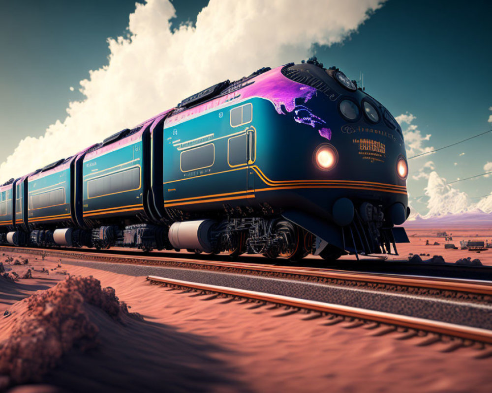 Sleek Blue Futuristic Train in Desert Landscape