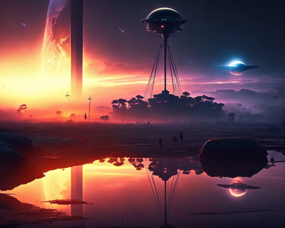 Sci-fi dusk landscape with giant planet, UFOs, futuristic towers, and reflective surface