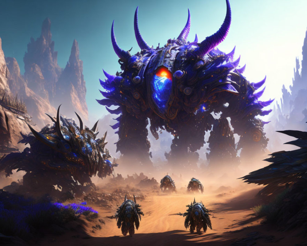 Futuristic armored creatures with horns in rocky desert landscape