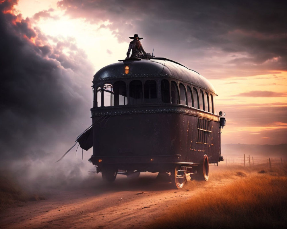 Cowboy hat person on vintage bus in dusty landscape at sunset
