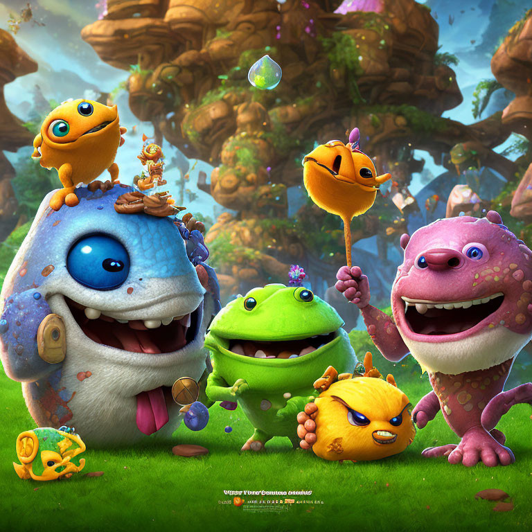 Vibrant forest scene with colorful cartoon monsters and crystal in bubbles