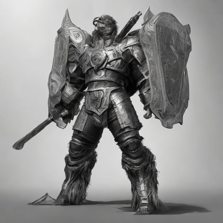 Monochromatic digital artwork of armored fantasy warrior with shield and hammer