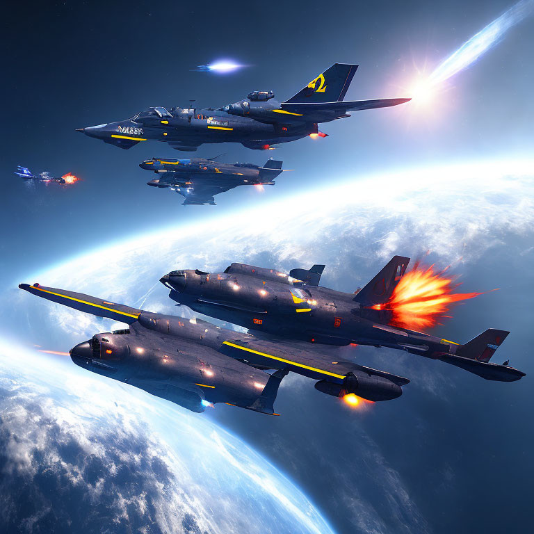 Futuristic fighter jets in space with afterburners firing
