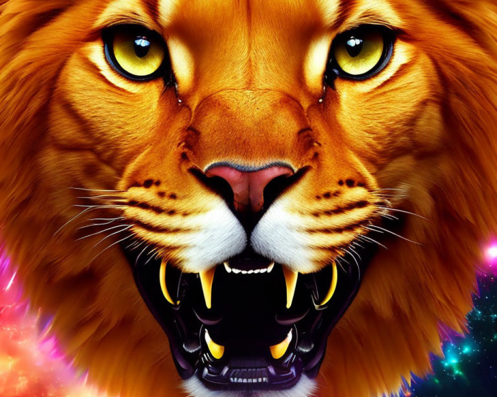 Detailed lion face illustration with intense yellow eyes and fiery mane on cosmic background