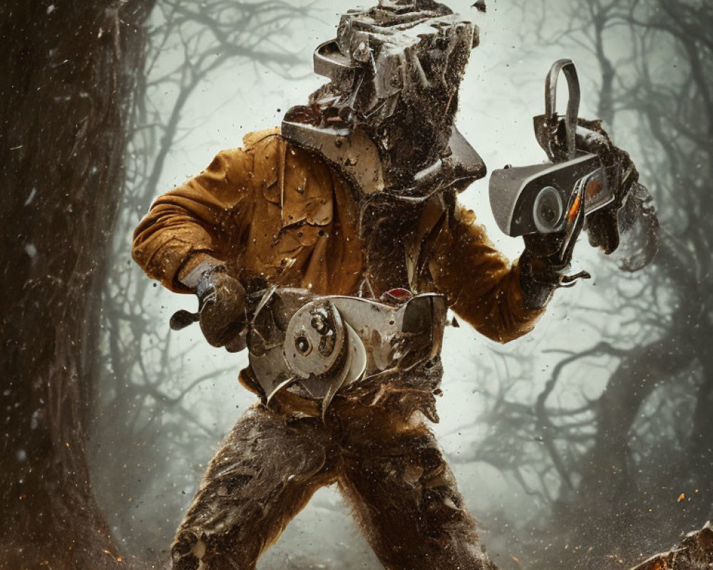Person in Mud-covered Yellow Jacket with Chainsaw in Misty Forest