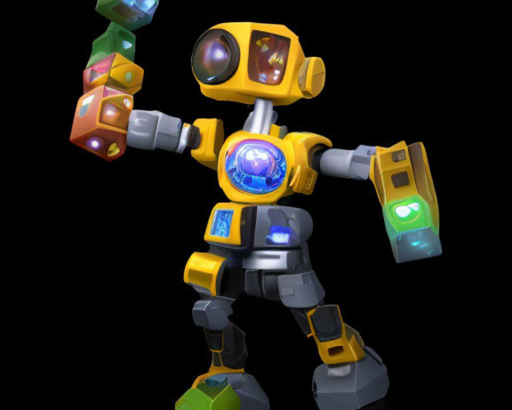 Yellow and Gray Robot with Large Eye and Green Energy Weapon