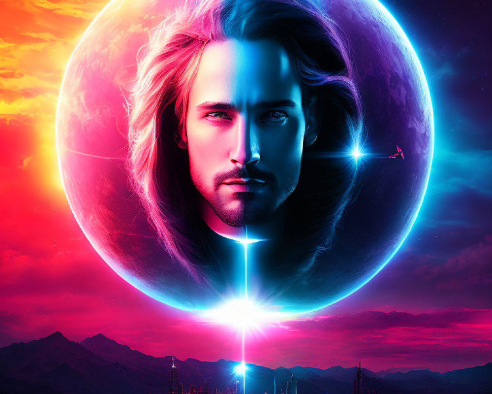 Symmetrical male face on cosmic backdrop with glowing planet and city skyline
