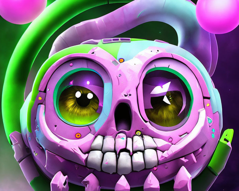 Colorful digital artwork: stylized robotic skull with yellow eyes, neon green headphones, pink accents