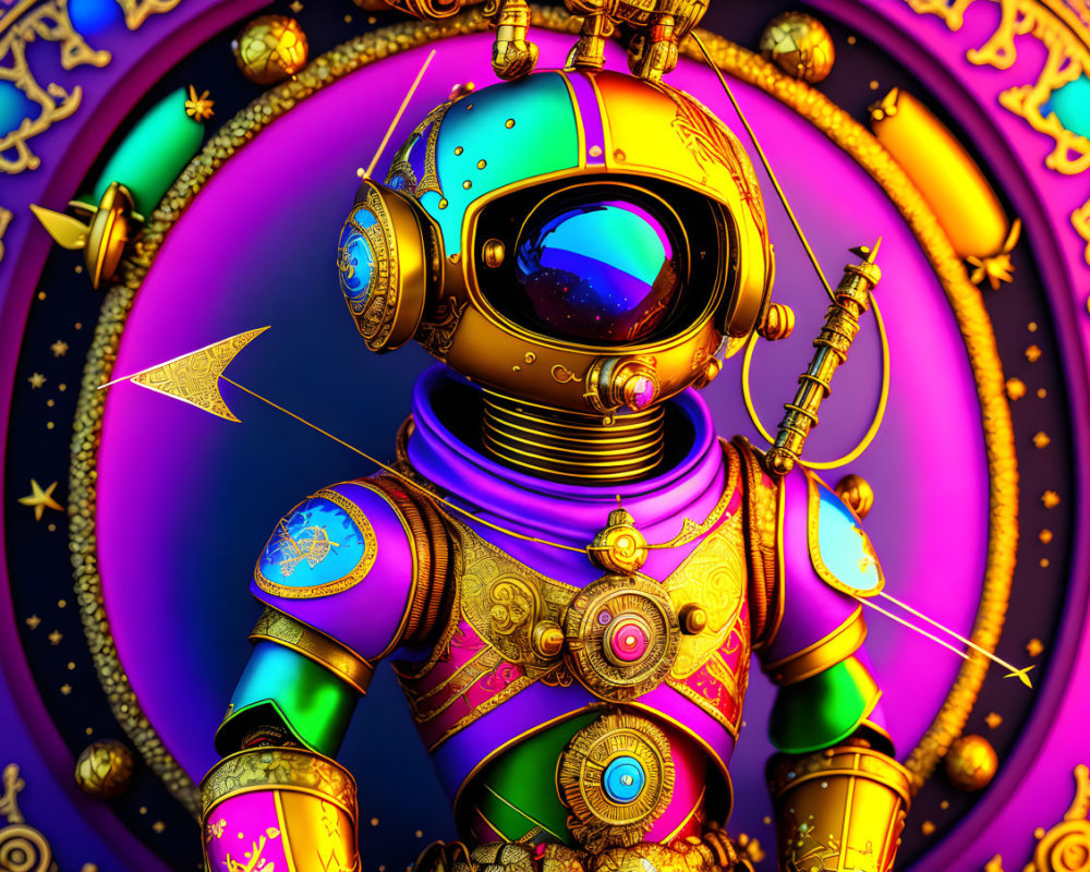 Golden ornate astronaut in cosmic backdrop with purple tones