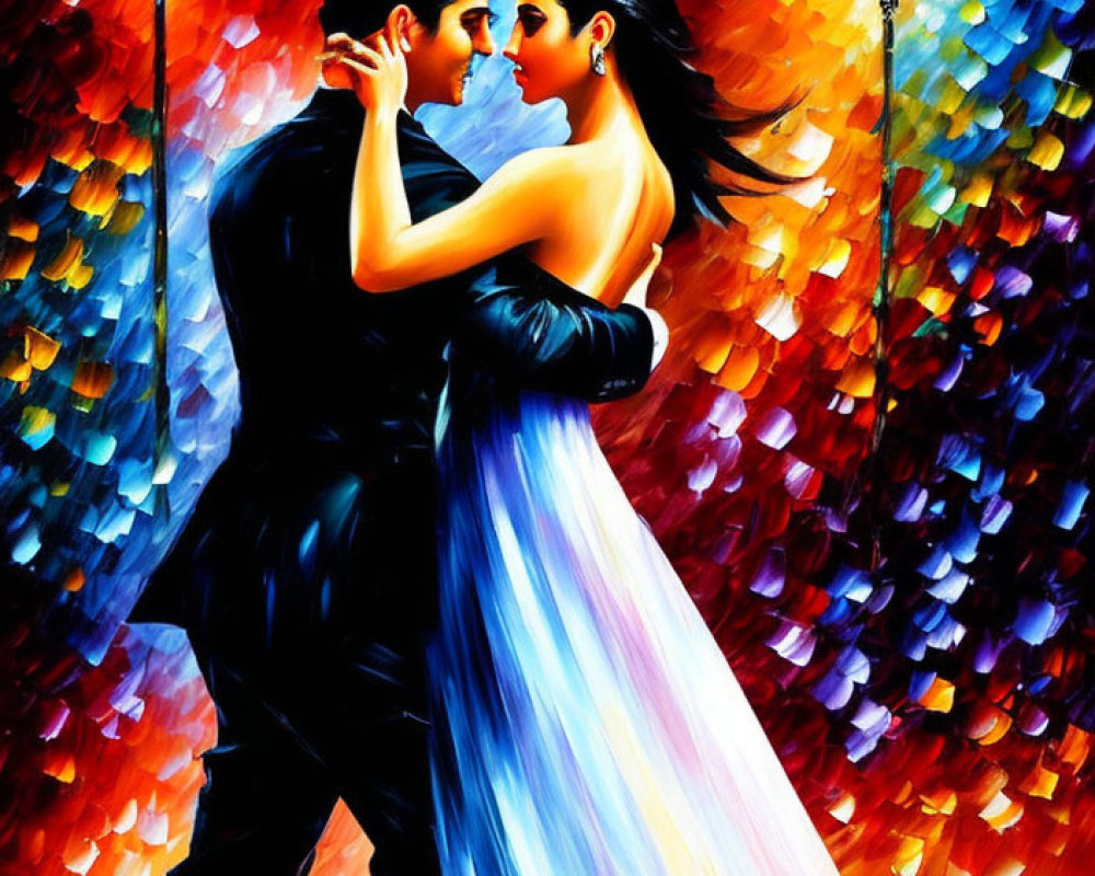 Intimate dance scene in vibrant painting with man in black suit and woman in blue dress