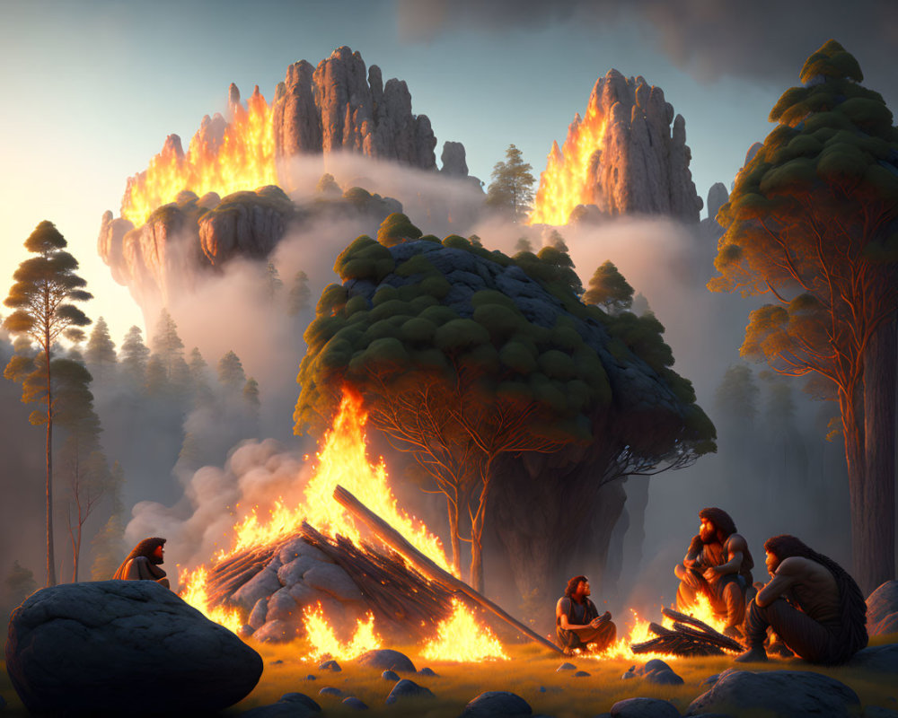 Illustration of individuals by fire in flaming forest with dramatic cliffs under evening sky