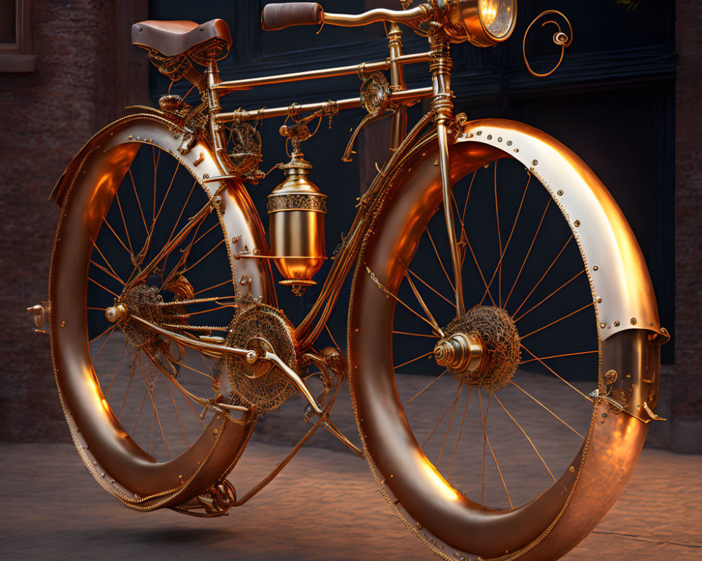 Steampunk Bicycle with Brass Details and Gears Against Brick Wall