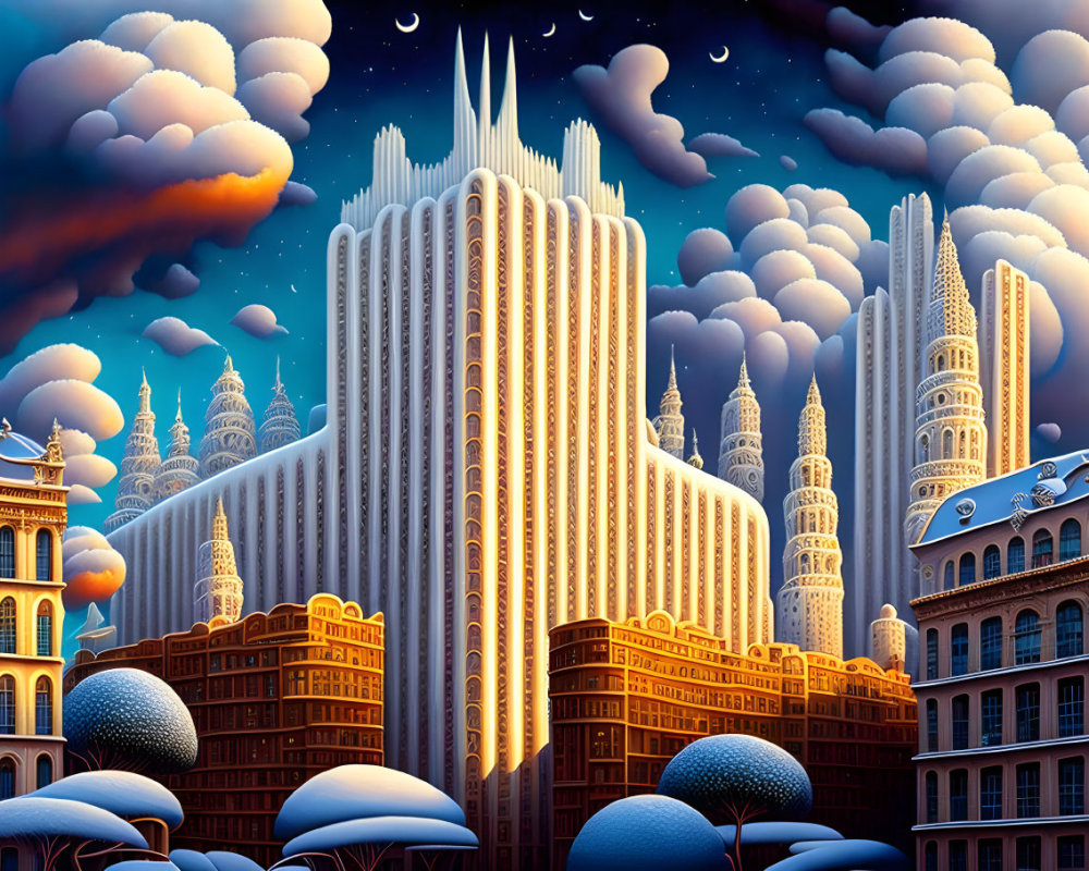 Fantastical twilight cityscape with ornate skyscrapers and whimsical clouds