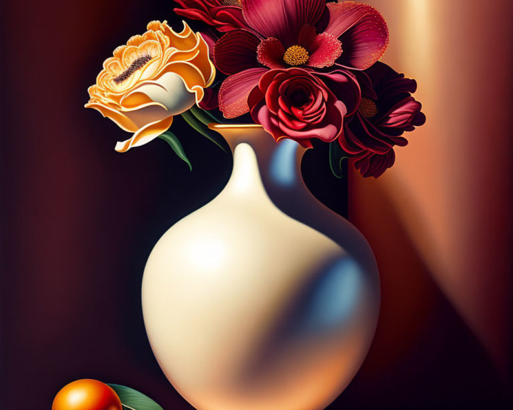 Classic Still Life Painting: Vase, Flowers, Apricot, Table, Warm Lighting