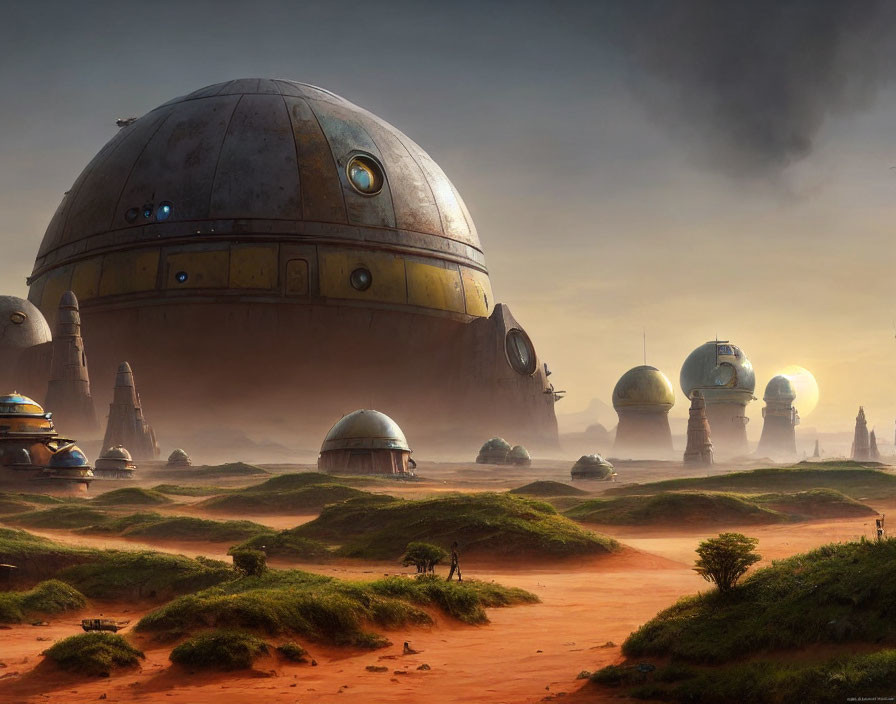 Futuristic desert landscape with dome-shaped structures