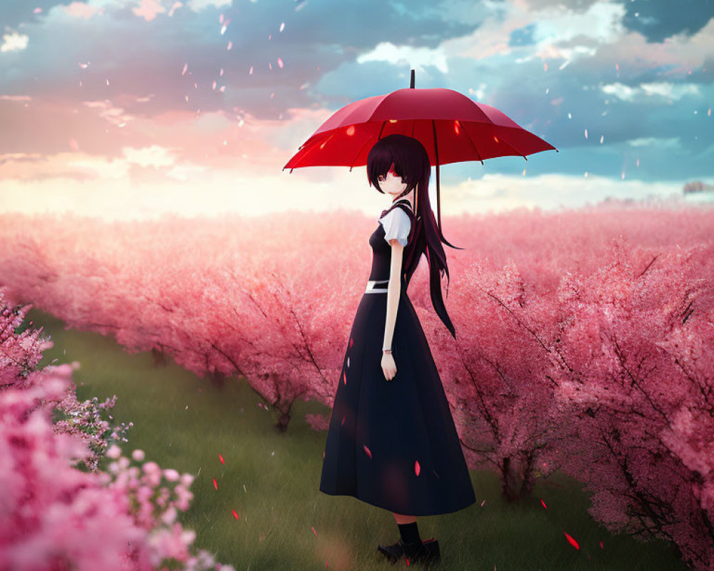 Anime girl in cherry blossom field with red umbrella