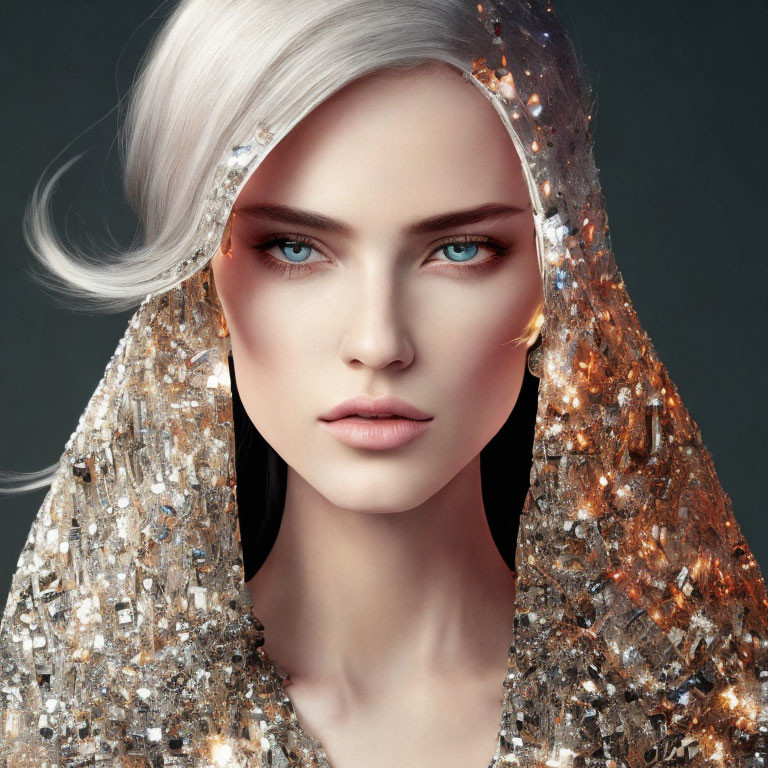 Person with Striking Blue Eyes, Flawless Skin, Silver Hair, and Golden Hood