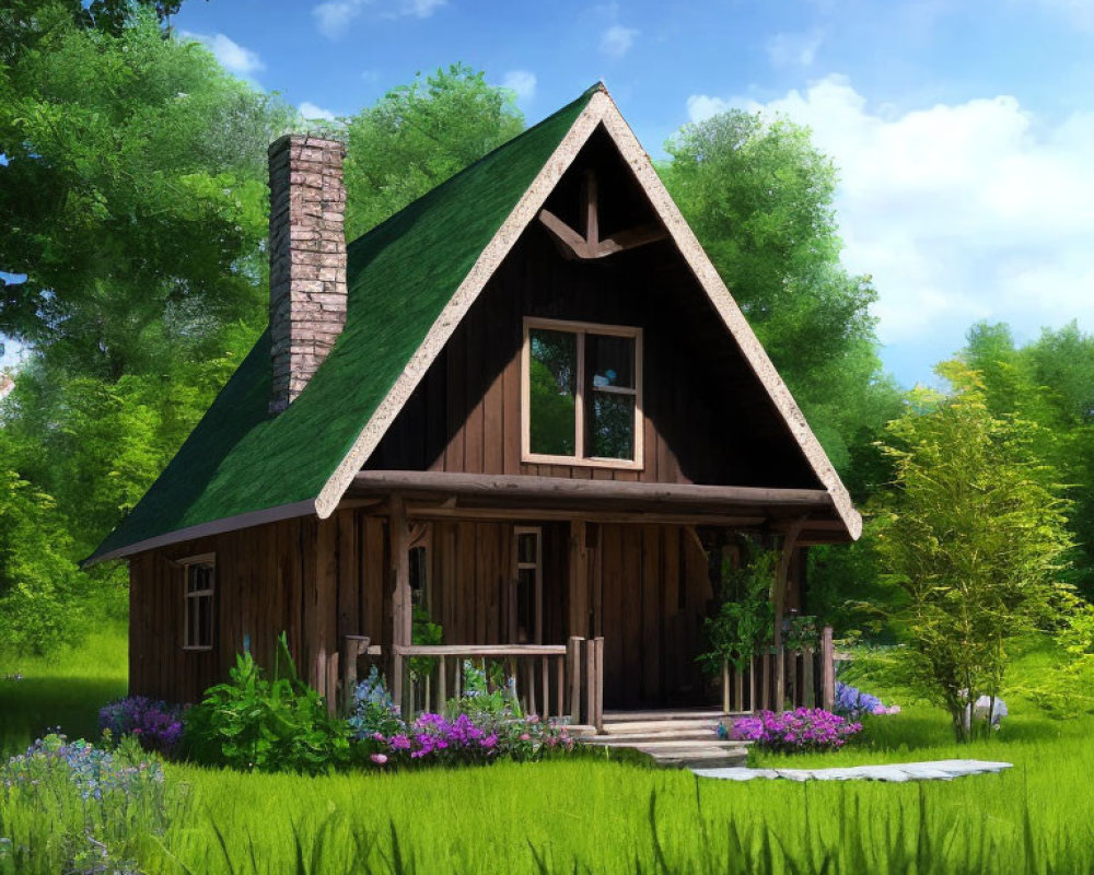 Quaint A-Frame House with Green Roof and Purple Flowers