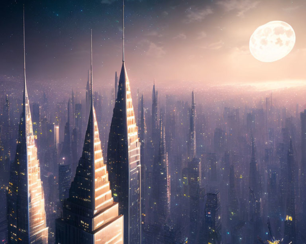 Futuristic night cityscape with glowing skyscrapers and moon