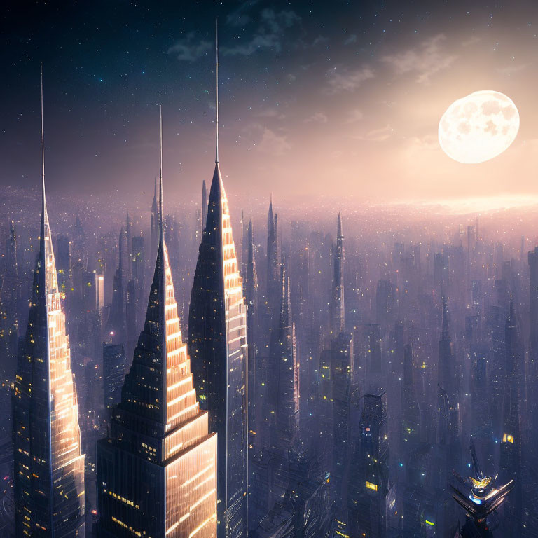 Futuristic night cityscape with glowing skyscrapers and moon