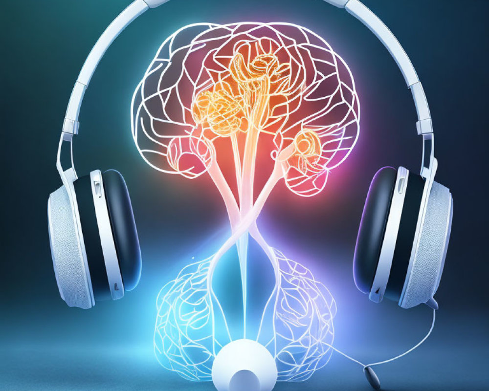 White Headphones Surround Glowing Brain Illustration on Blue Background
