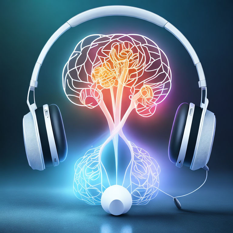 White Headphones Surround Glowing Brain Illustration on Blue Background