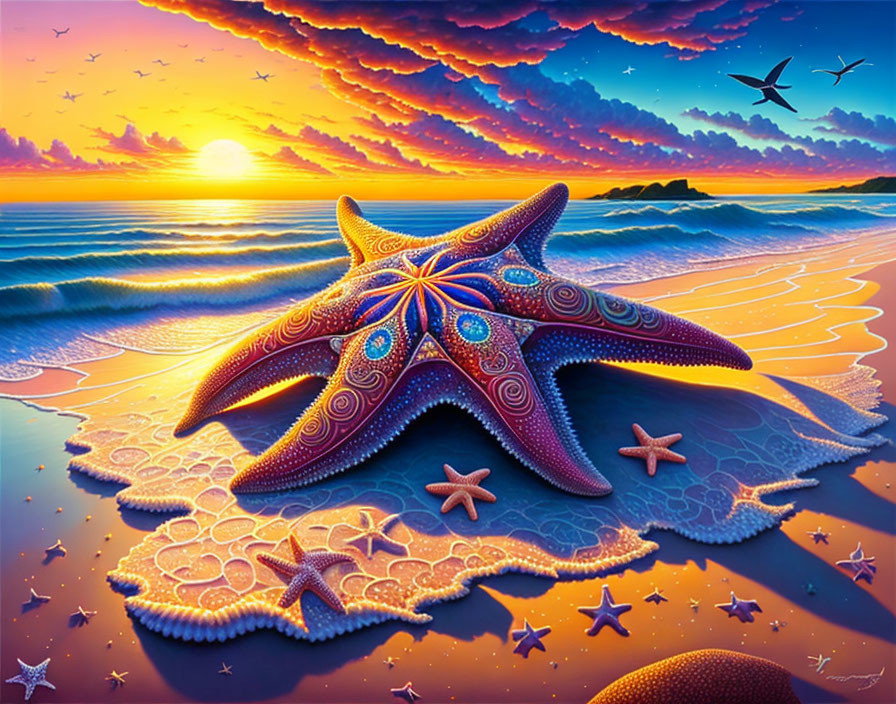 Big intricate starfish on the sandshore