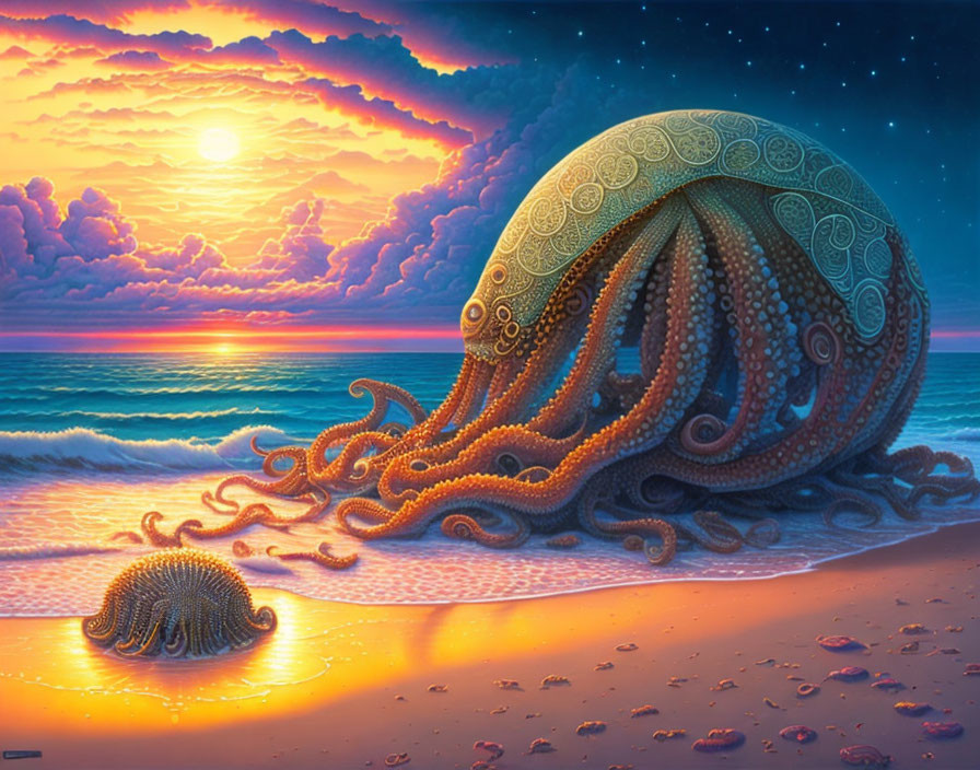Surreal artwork: Giant octopus with intricate patterns on beach at sunset