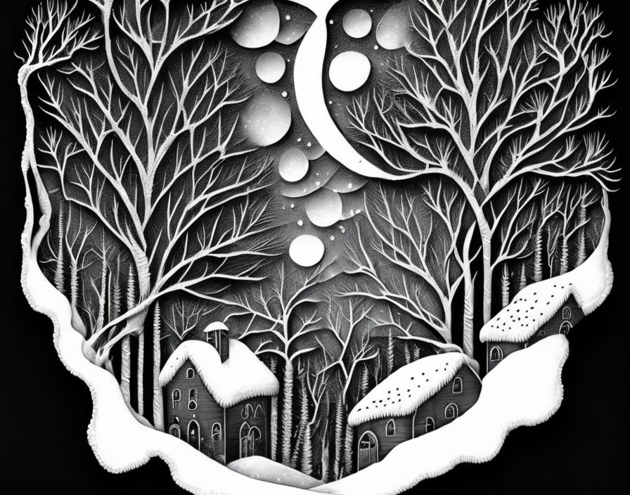 Monochrome snowy nighttime illustration with wolf silhouette