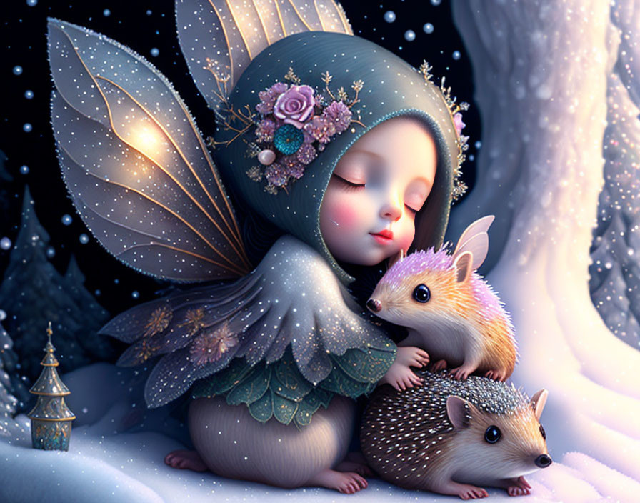 Fantasy fairy and her baby hedgehogs