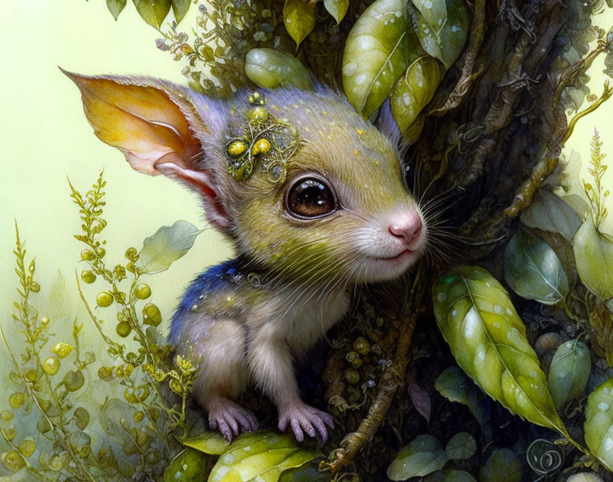 Fantastical creature with large ears and luminous eyes among green leaves and golden embellishments