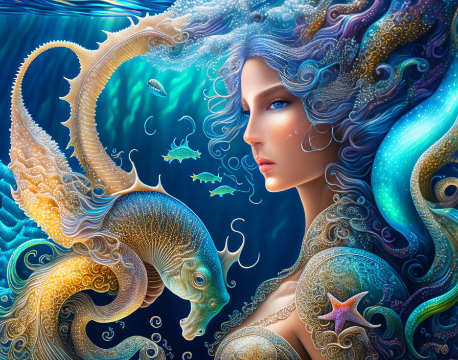 Ocean scene with elegant seahorses and mermaid