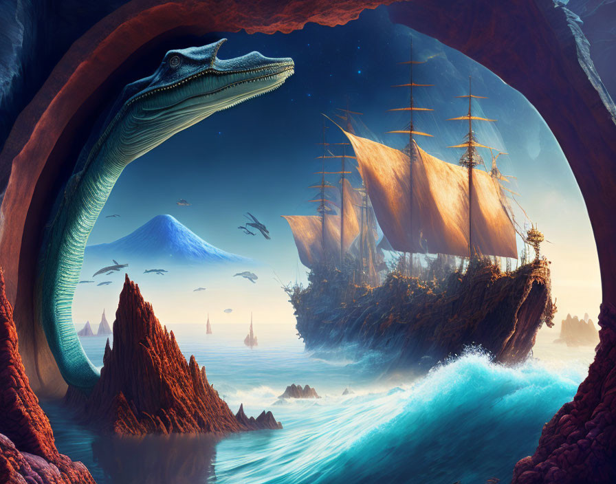 Vibrant seascape with sailing ship, flying whales, and giant lizard on rocky arch