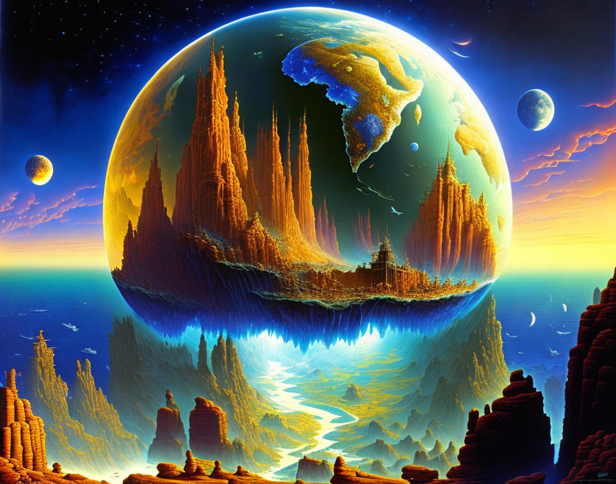 Colorful Sci-Fi Landscape with Rock Formations, River, and Planets