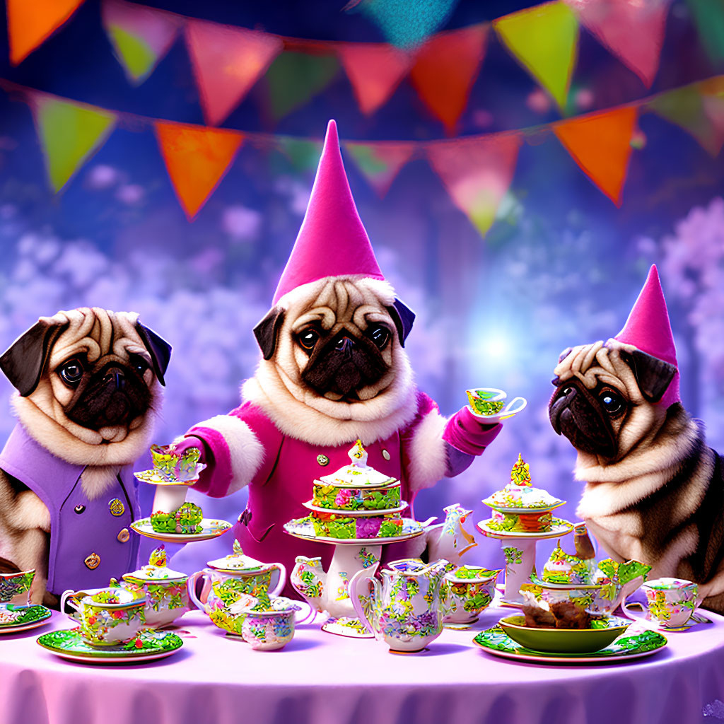 Three pugs in party hats at colorful tea party table