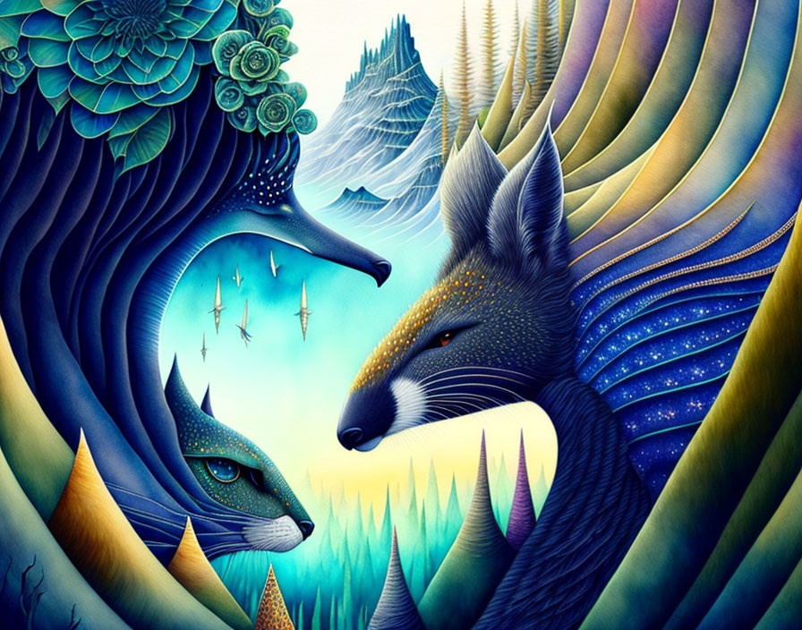 Colorful Geometric Fox Faces in Fantasy Landscape with Organic Shapes