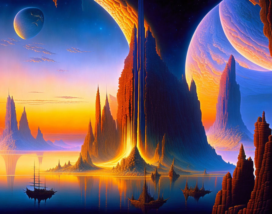 Colorful sci-fi landscape with towering rocks, sailboats, planet, and moon.