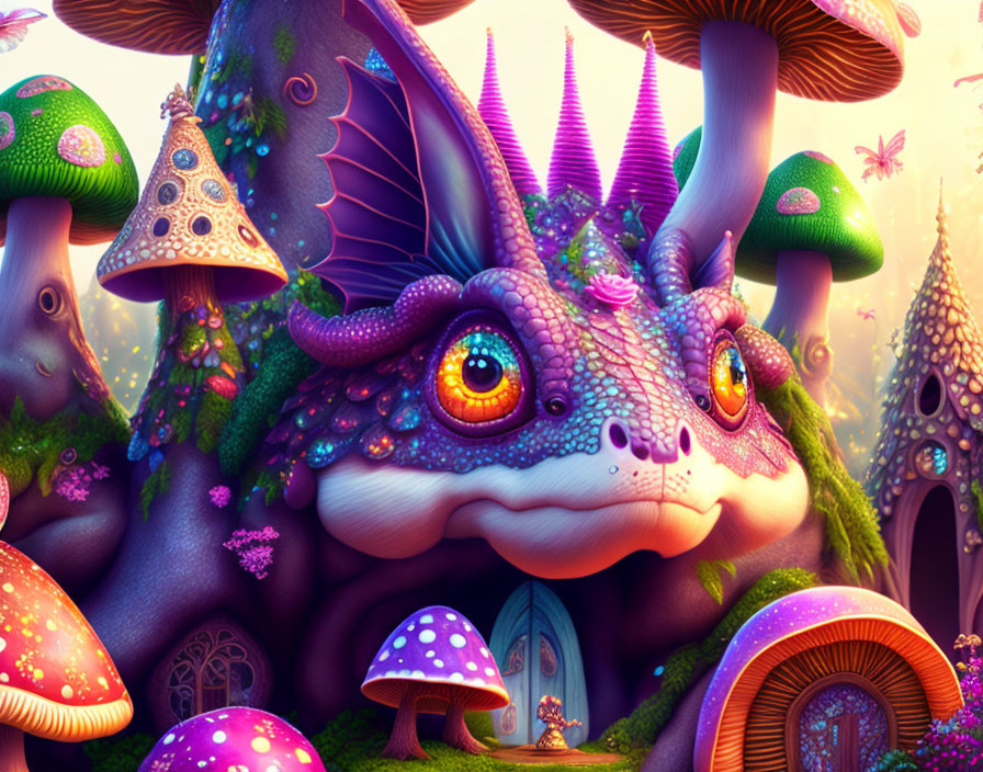 Fantasy landscape with whimsical creature and vibrant elements